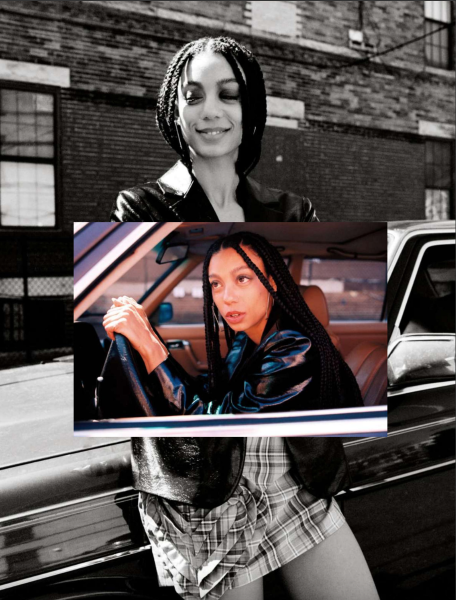 A black and white portrait image of a woman leaning on a car in a short, plaid, skirt features a second, smaller landscape image in color superimposed above it and centered on the image. In this photo the woman is peering out of the window of the vintage car from the driver's seat.